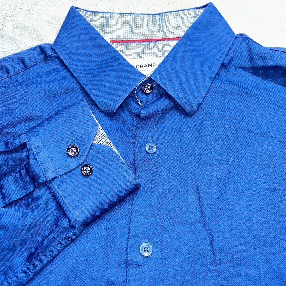Duchamp London Dress Shirt 16.5L 42 Large BLue cross  Pattern Tailored Fit